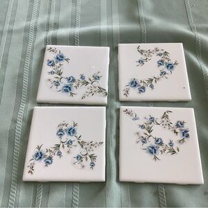 Hand Crafted Floral Ceramic Coasters - Blue and White